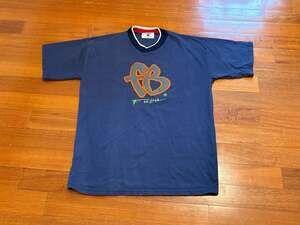 Vintage 90s FUBU Big Logo Embroidered T-Shirt Made in USA Navy XL